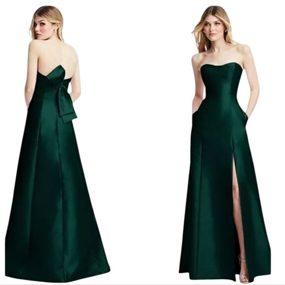 NWT Alfred Sung Strapless A-line Satin Gown Modern Bow Detail Evergreen 14 - Picture 1 of 13